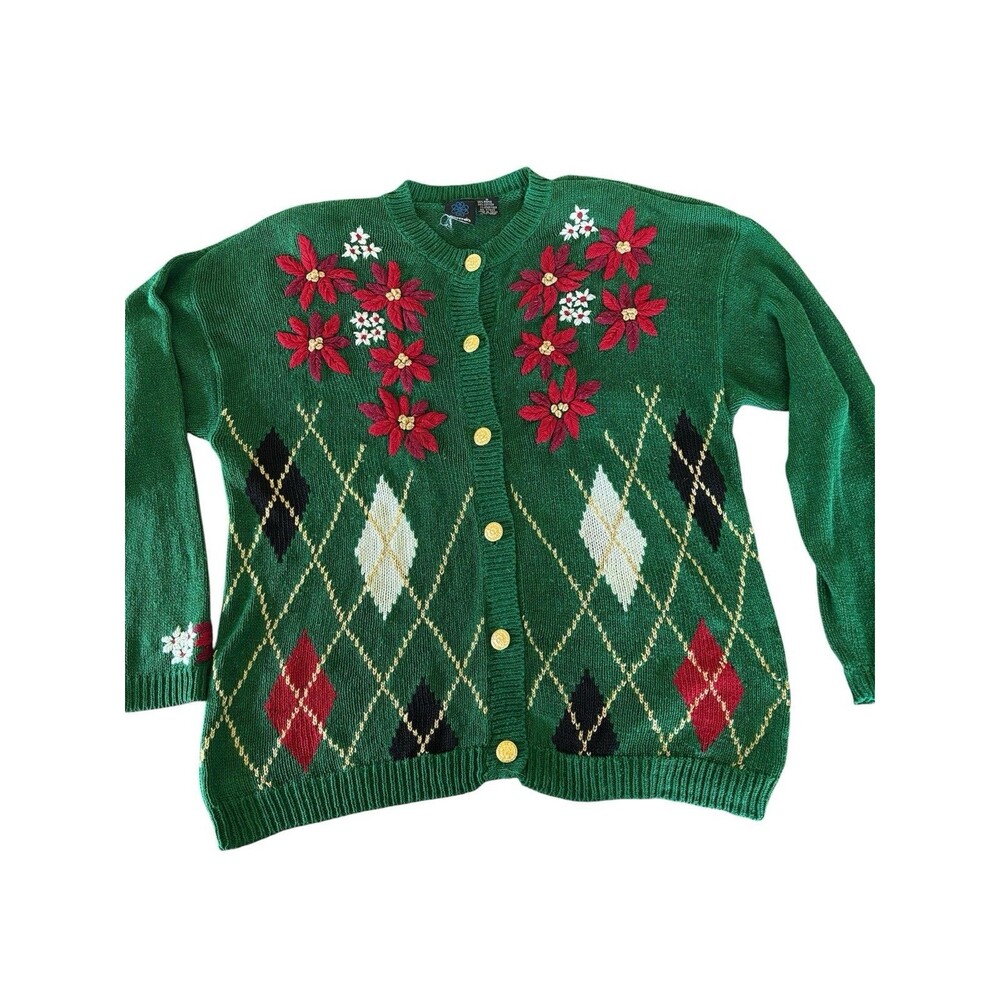Vtg Preppy Green Argyle Holiday Sweater Embroidered Poinsettias Gold Buttons S*